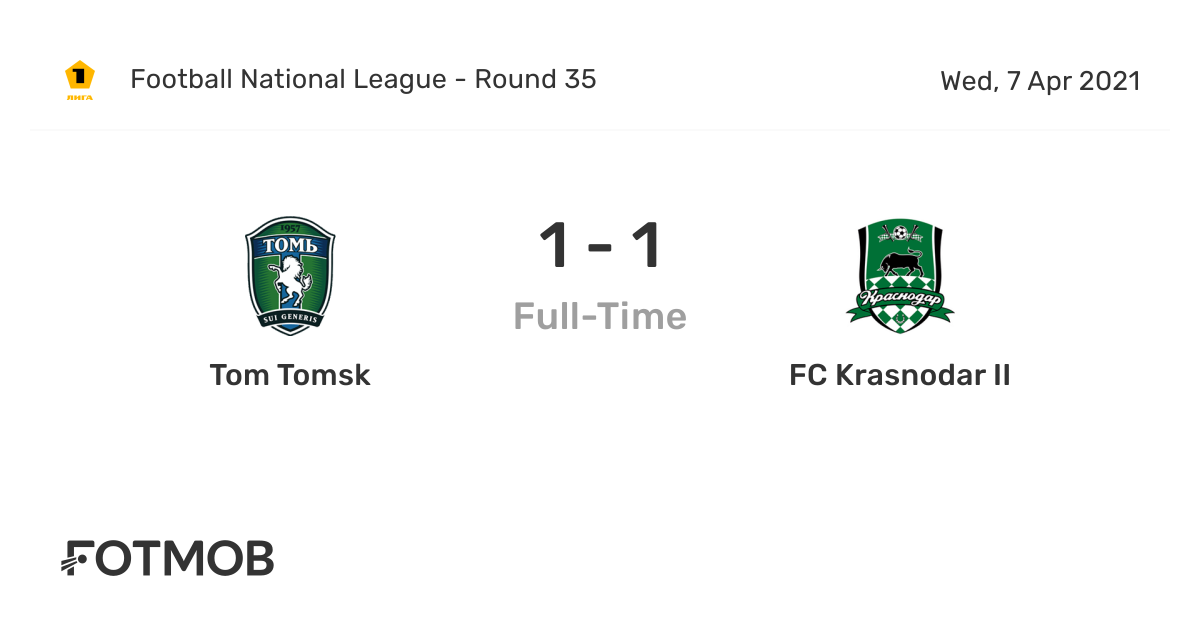 Tom Tomsk vs Krasnodar 1. Division on Wed, Apr 7, 2021, 11:30 UTC