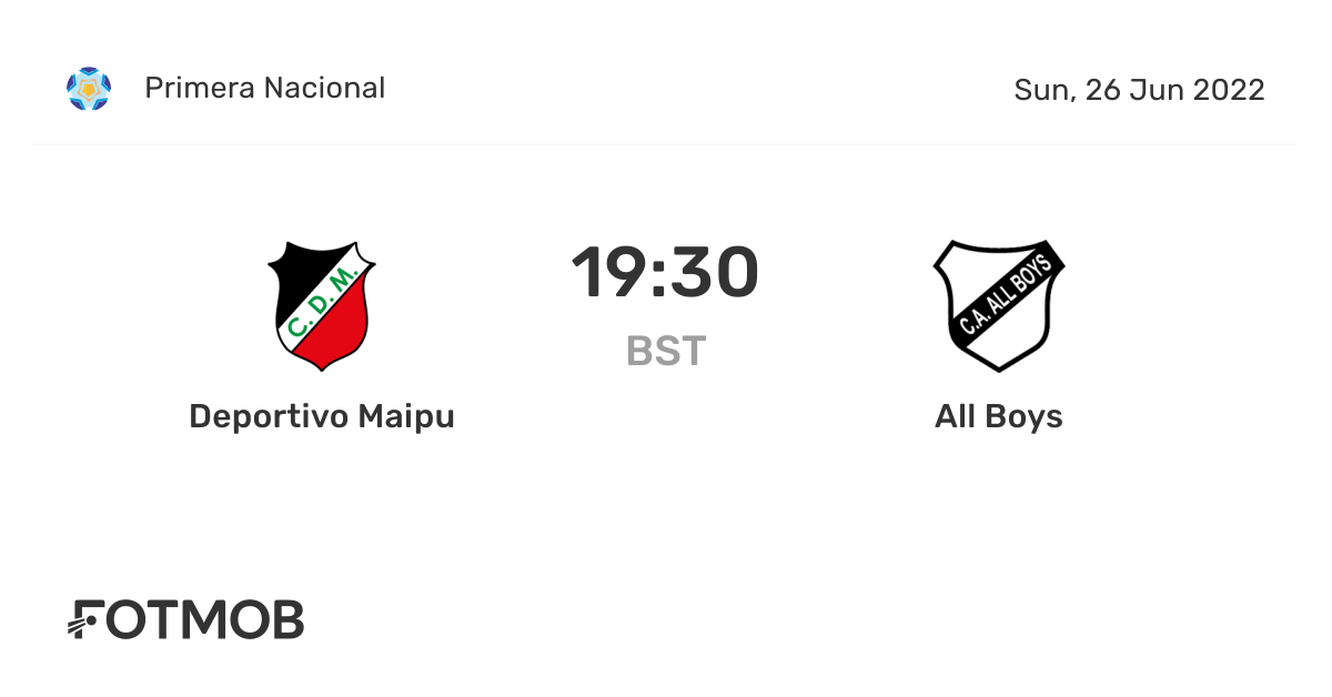 Deportivo Maipu vs All Boys - live score, predicted lineups and H2H stats.