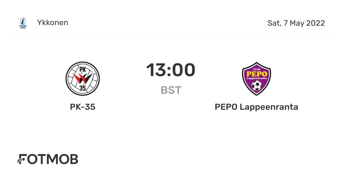 Pk 35 Vs Pepo Lappeenranta On Sat May 7 22 12 00 Utc Live Results Lineups Shot Map And H2h