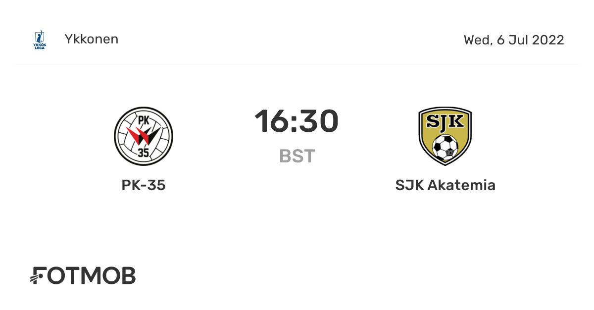 Pk 35 Vs Sjk Akatemia On Wed Jul 6 22 15 30 Utc Live Results Lineups Shot Map And H2h