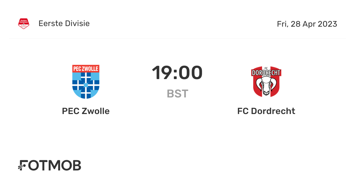 PEC Zwolle vs FC Dordrecht live score, predicted lineups and H2H stats.