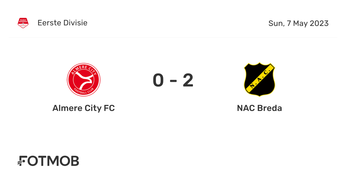 Almere City FC vs NAC Breda - live score, predicted lineups and H2H stats.