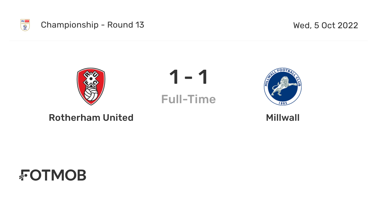 Rotherham United vs Millwall live score, predicted lineups and H2H stats.