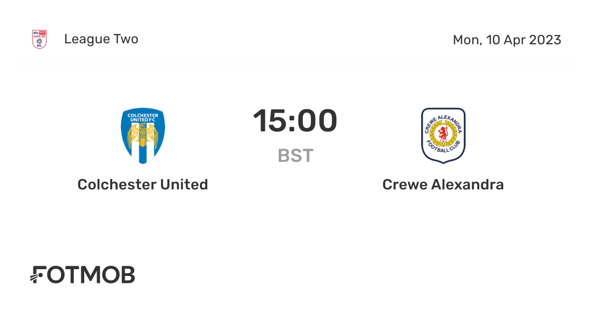 Colchester United vs Crewe Alexandra live score, predicted lineups and H2H stats.