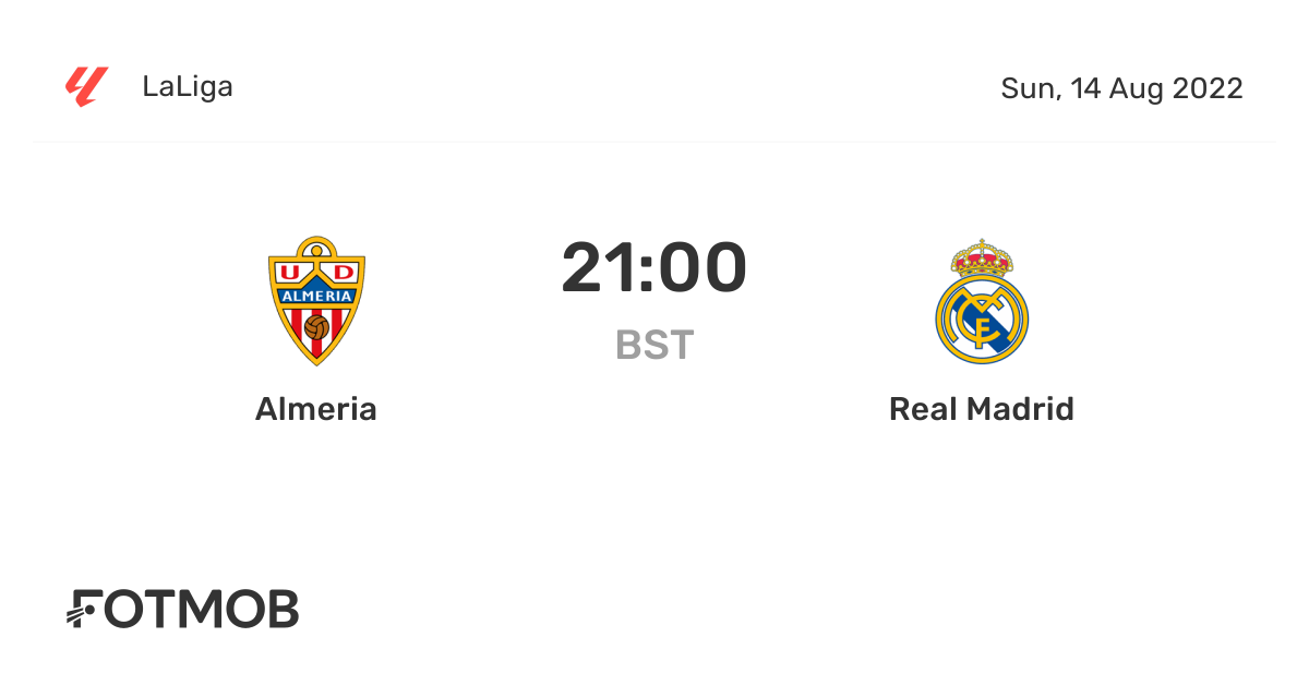Almeria vs Real Madrid live score, predicted lineups and H2H stats.