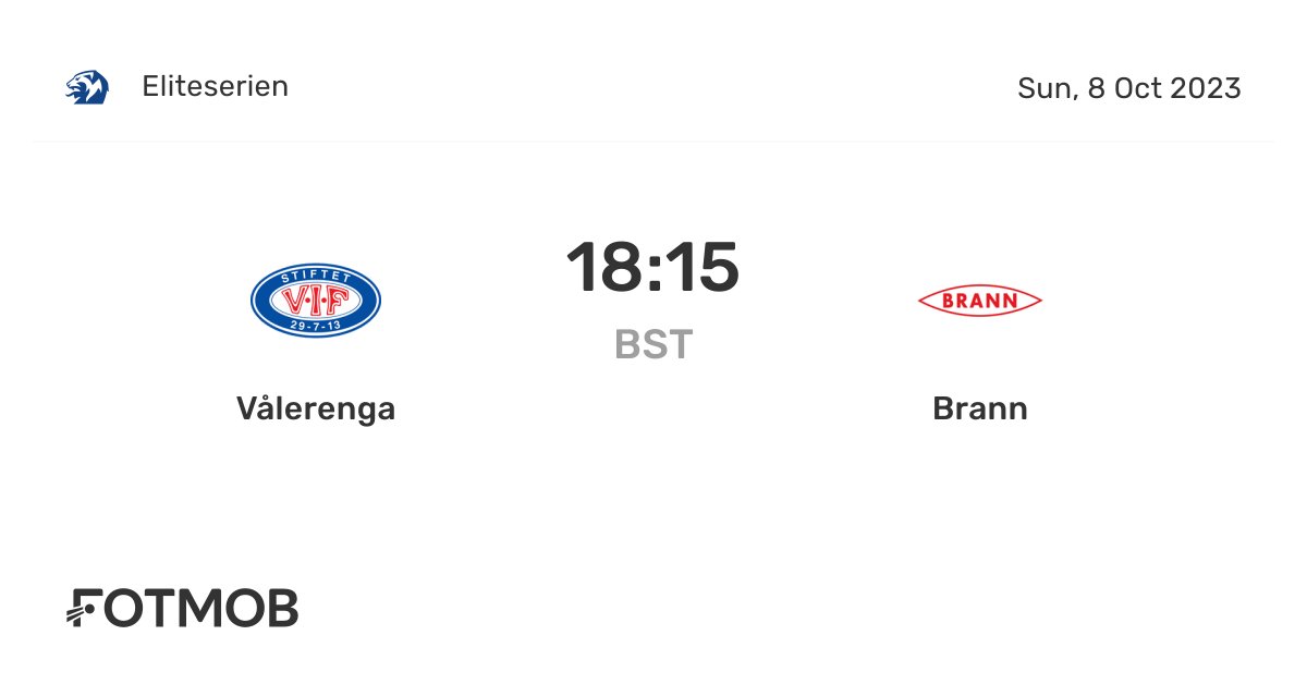 Vålerenga vs Brann, Eliteserien on Sun, Oct 8, 2023, 1500 UTC
