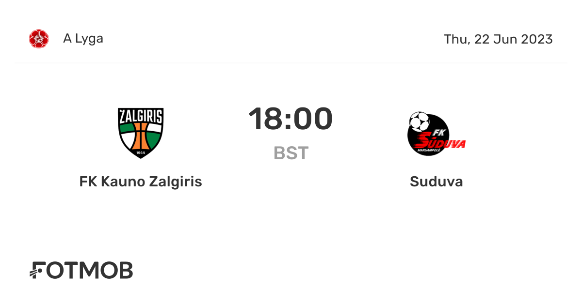 FK Kauno Zalgiris vs Suduva live score, predicted lineups and H2H stats.