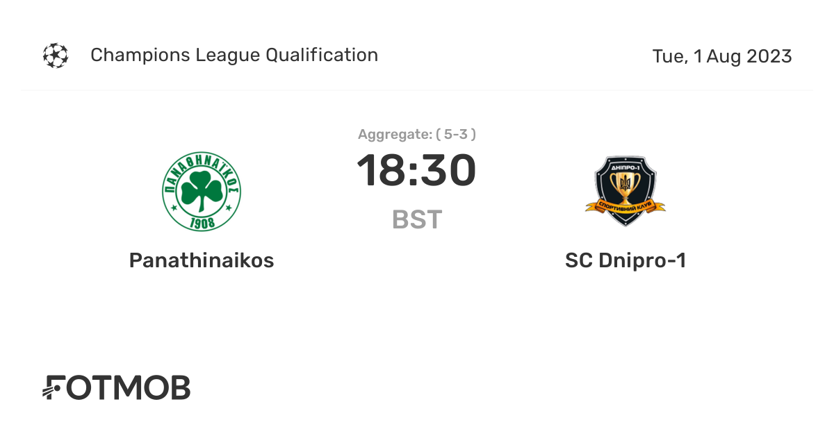 Panathinaikos vs SC Dnipro1 live score, predicted lineups and H2H stats.