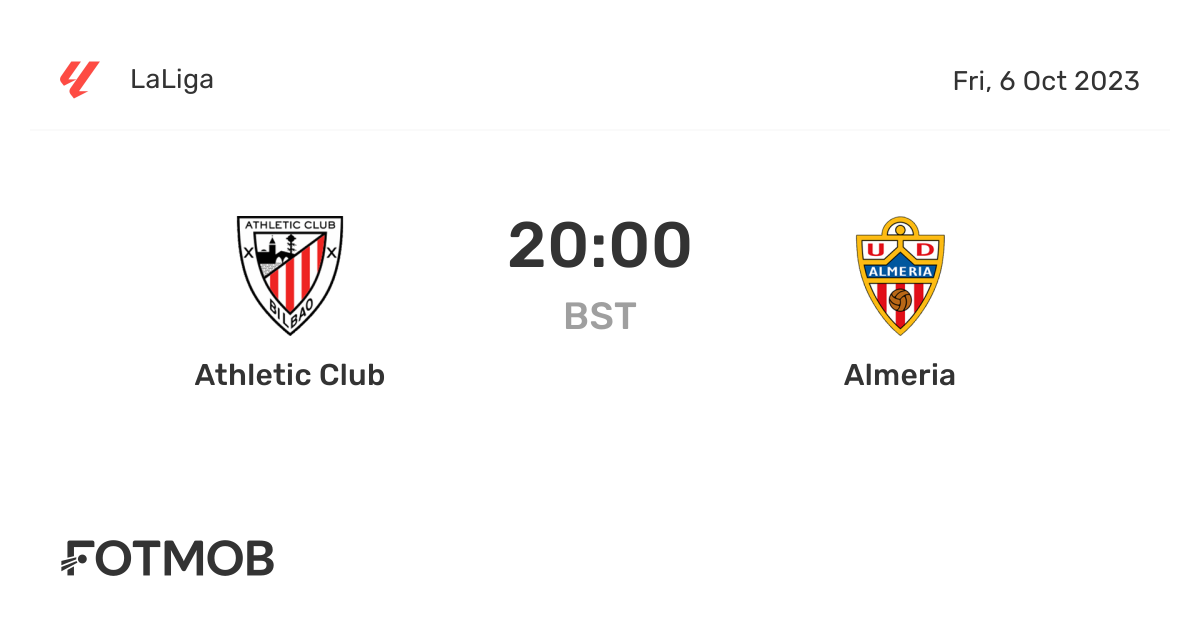 Athletic Club vs Almeria live score, predicted lineups and H2H stats.