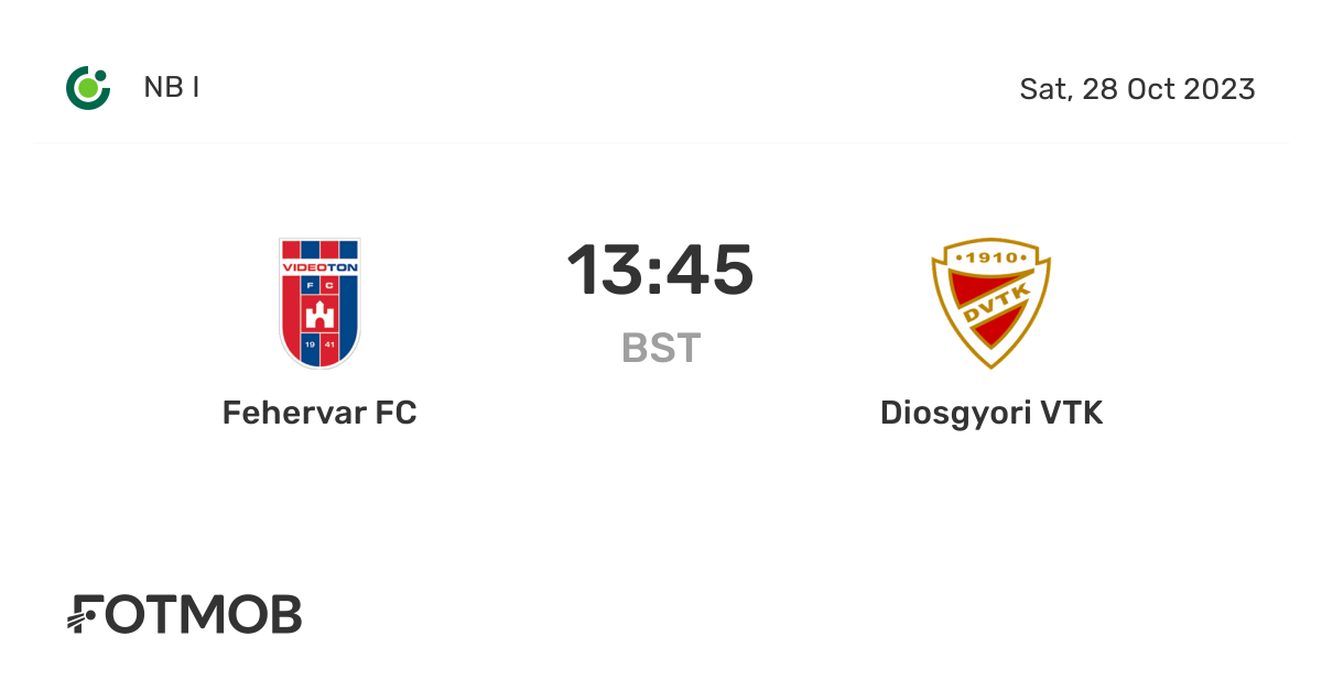 Fehervar FC vs Diosgyori VTK live score, predicted lineups and H2H stats.
