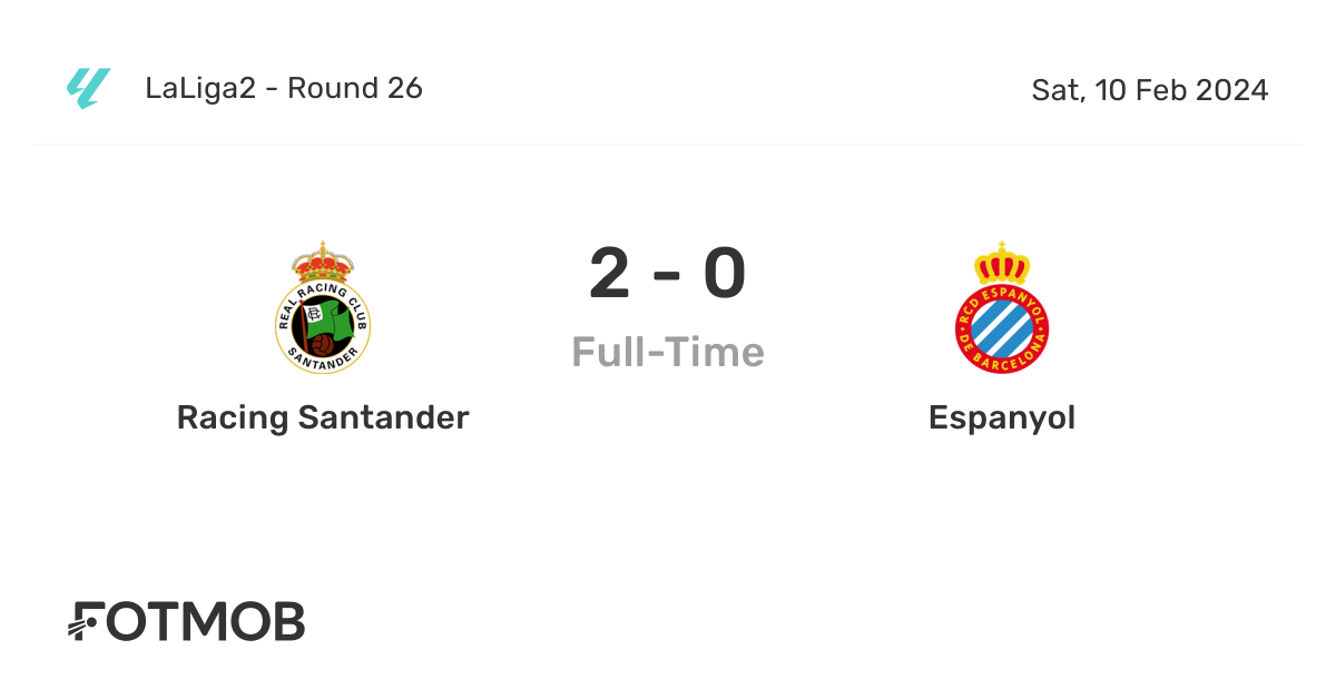 Racing Santander vs Espanyol live score, predicted lineups and H2H stats.