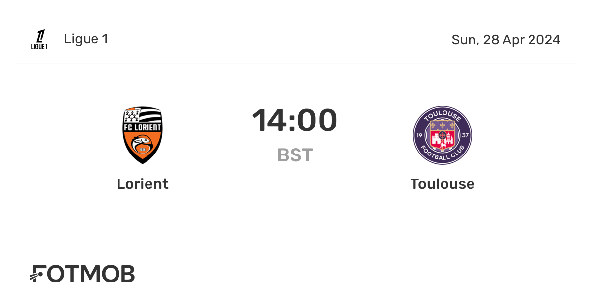 Lorient 대 Toulouse - 실시간 점수, 예상 스타팅 라인업 및 H2H 통계
