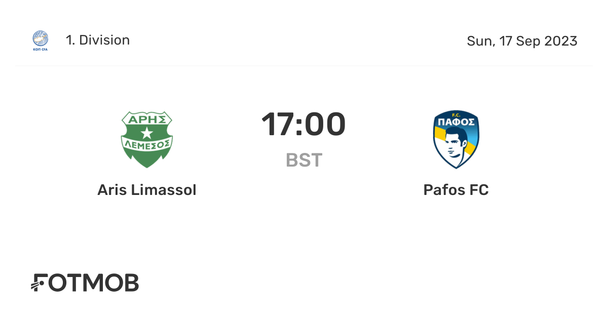 Aris Limassol vs Pafos FC - live score, predicted lineups and H2H stats.