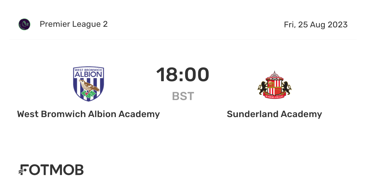 West Bromwich Albion Academy vs Sunderland Academy live score, predicted lineups and H2H stats.